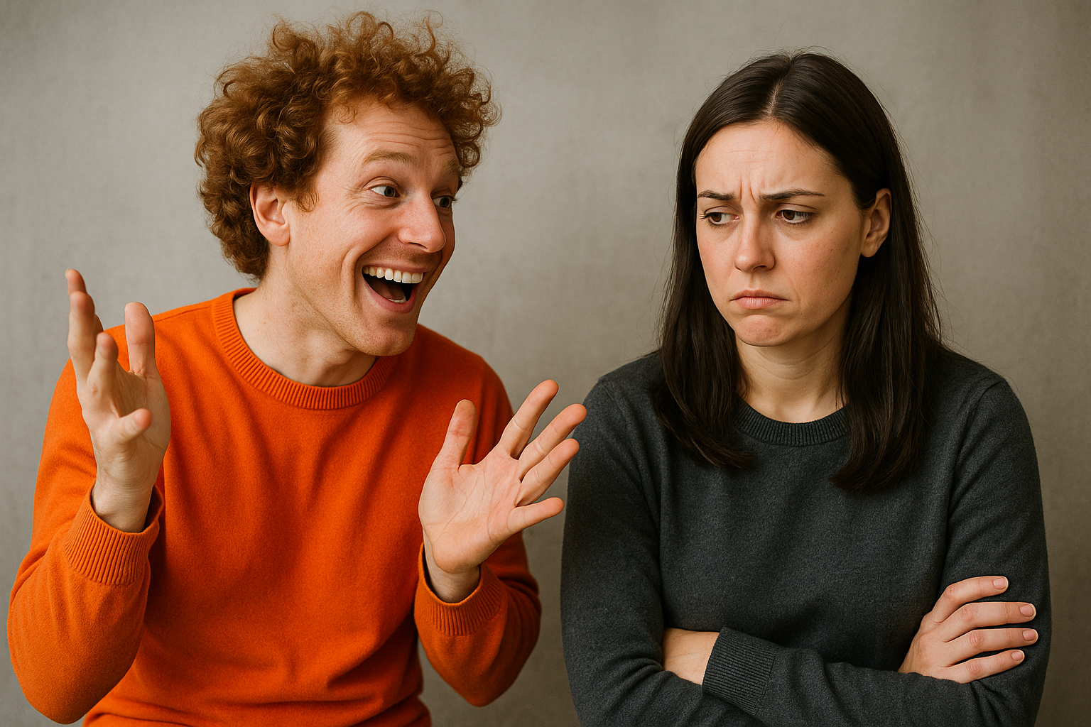 Two people talking with one person looking vibrant and the other appearing to draw energy, representing energy vampire dynamics