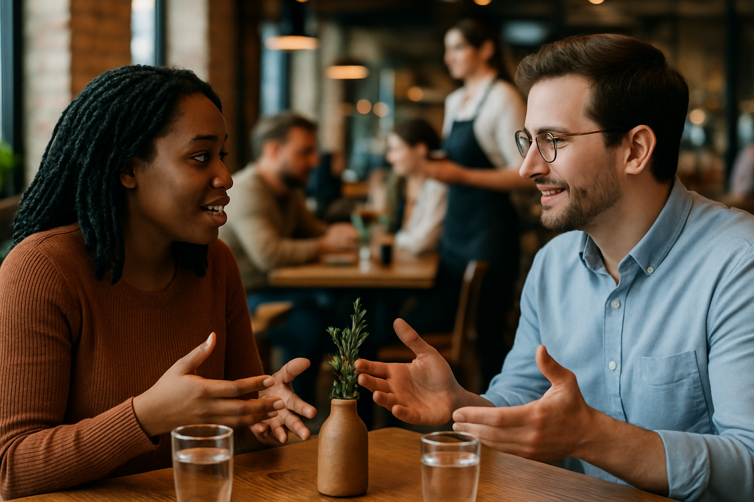 Two people having a balanced conversation with equal energy flowing between them, representing healthy relationships