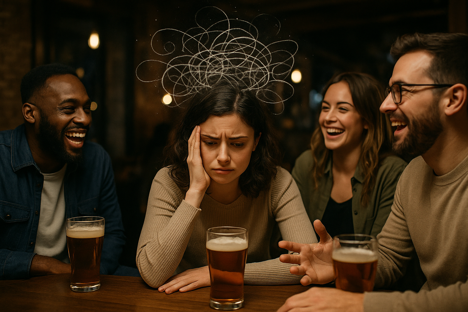 Person looking overwhelmed and scattered with thoughts swirling around their head, representing the feeling of being ungrounded