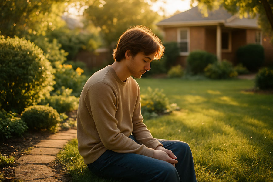 Person sitting quietly in a suburban garden, surrounded by gentle afternoon light