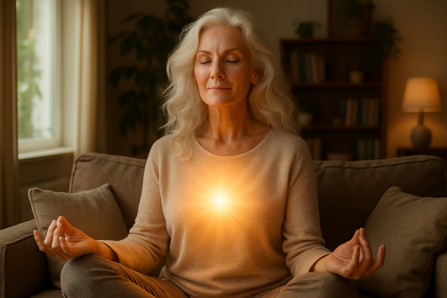 Person in meditation with light emanating from within, representing remembering one's natural creative power