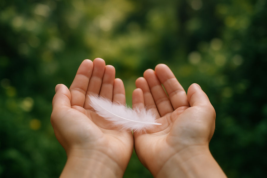 Hands gently holding a white feather against a garden backdrop, representing the meeting of earth and spirit