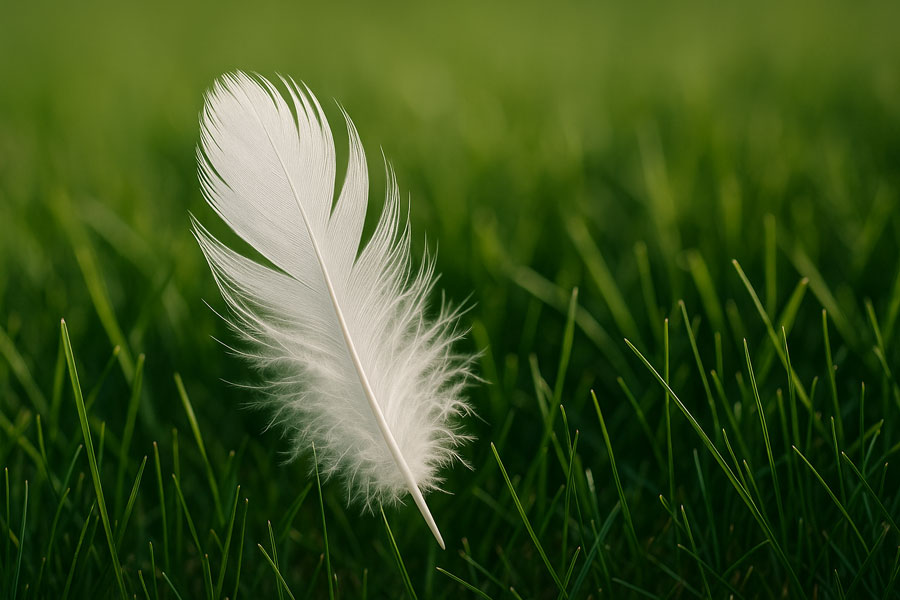 Pure white feather lying delicately in green grass, catching soft natural light